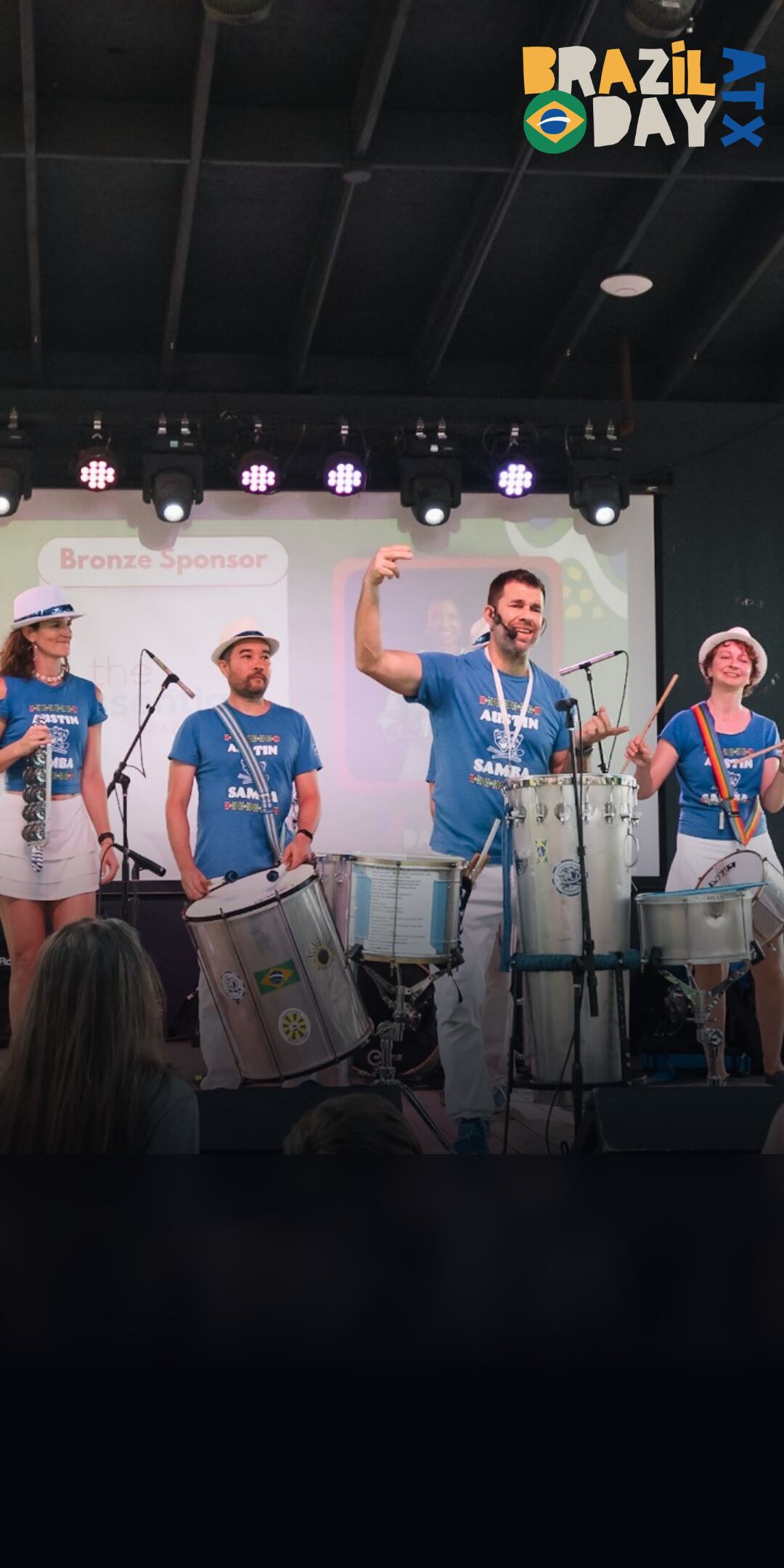 Samba Percussion Experience — Austin Samba performing live on stage with surdo and repinique drums at Brazil Day ATX