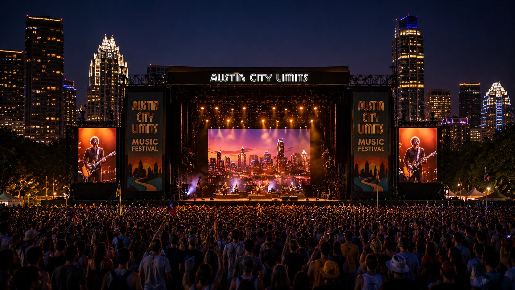 Massive crowd at an outdoor music festival in Austin, Texas