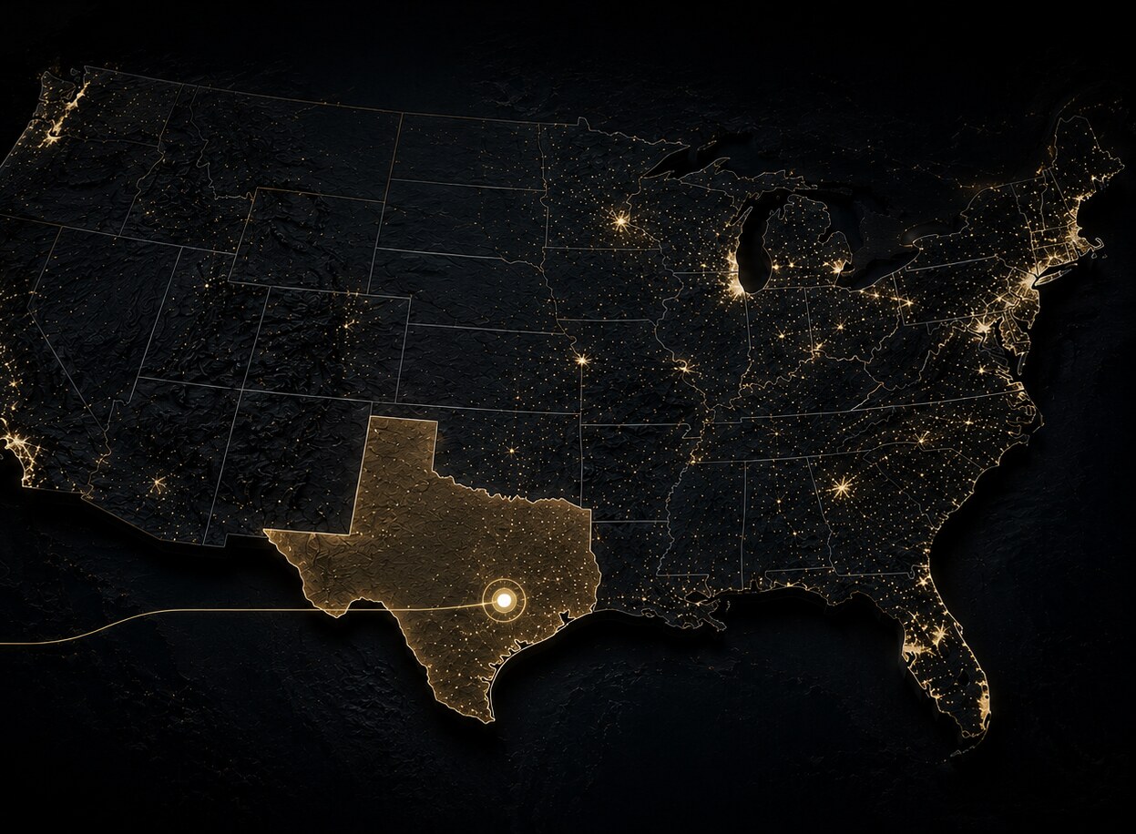 Satellite night map of the United States with Austin, Texas glowing in the heart of the country