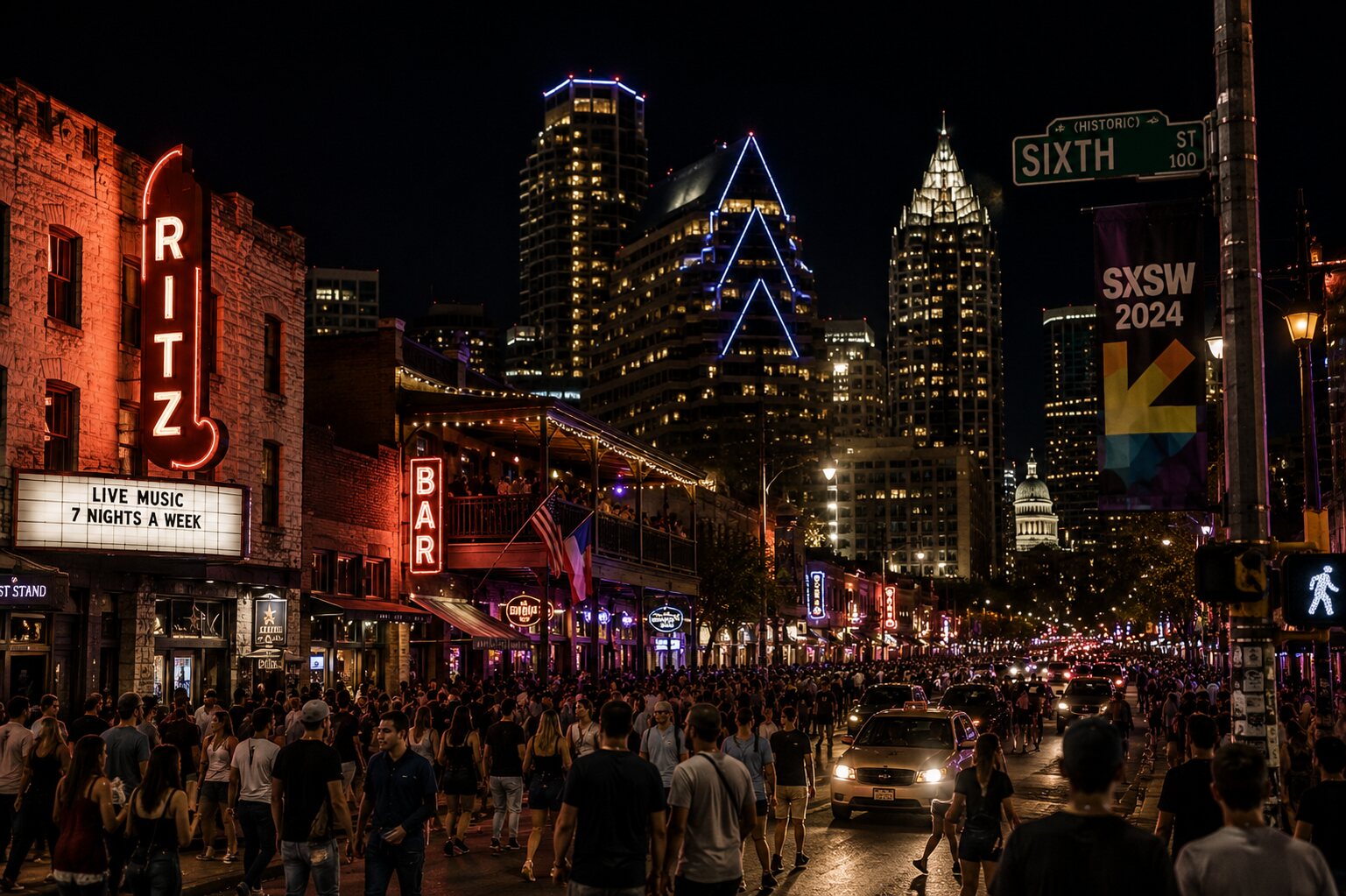 Sixth Street nightlife and neon signs in Austin, Texas