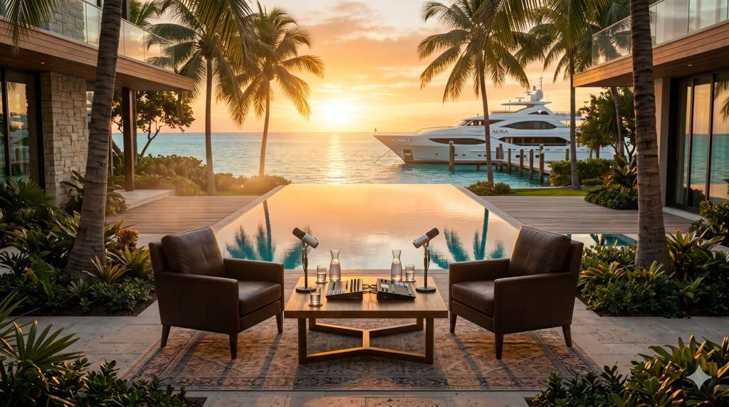 Estúdio ao pôr do sol com vista para o mar e o iate em Miami