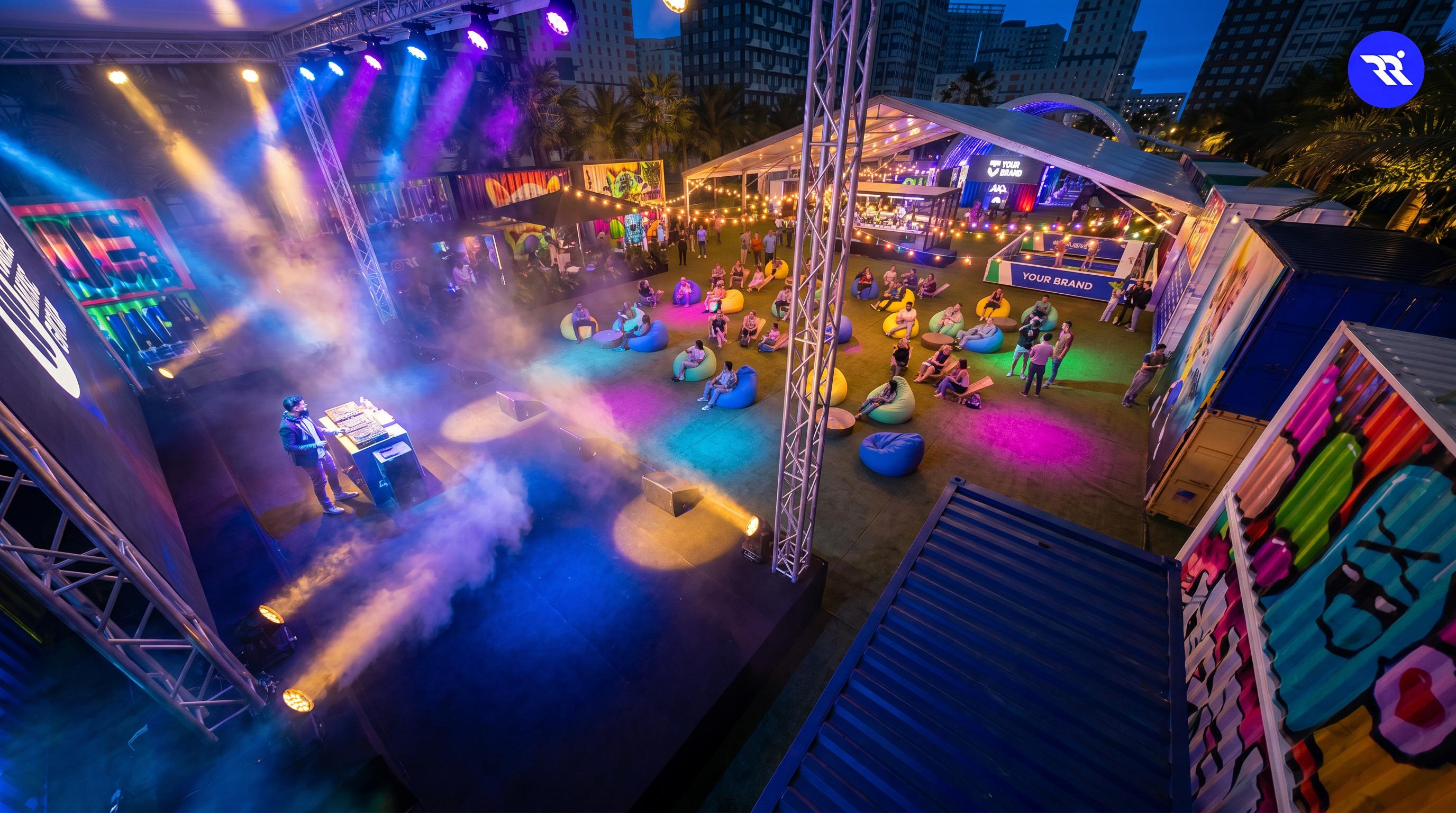 Palco à noite com show, luzes e público