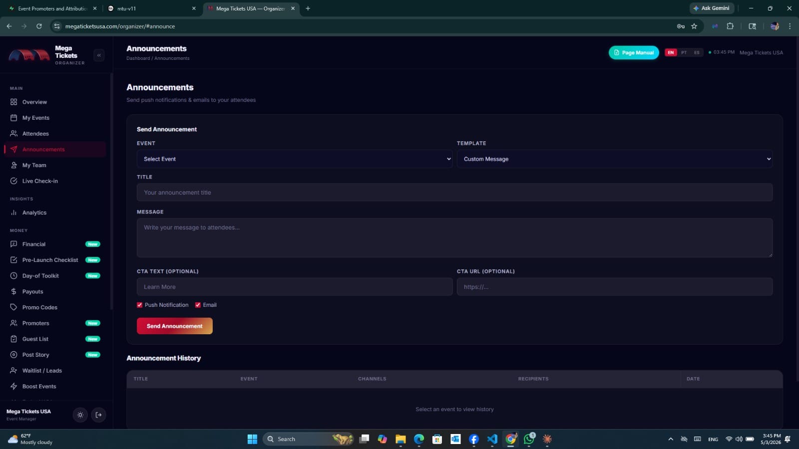 Sending announcements to ticket holders from the dashboard
