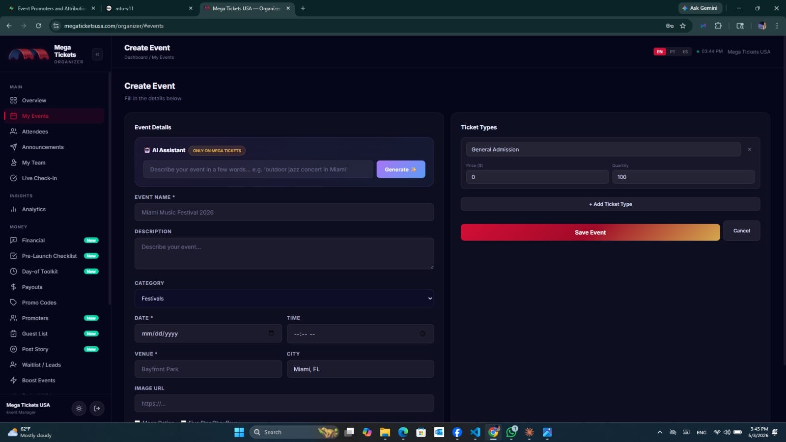 Creating an event in the organizer dashboard