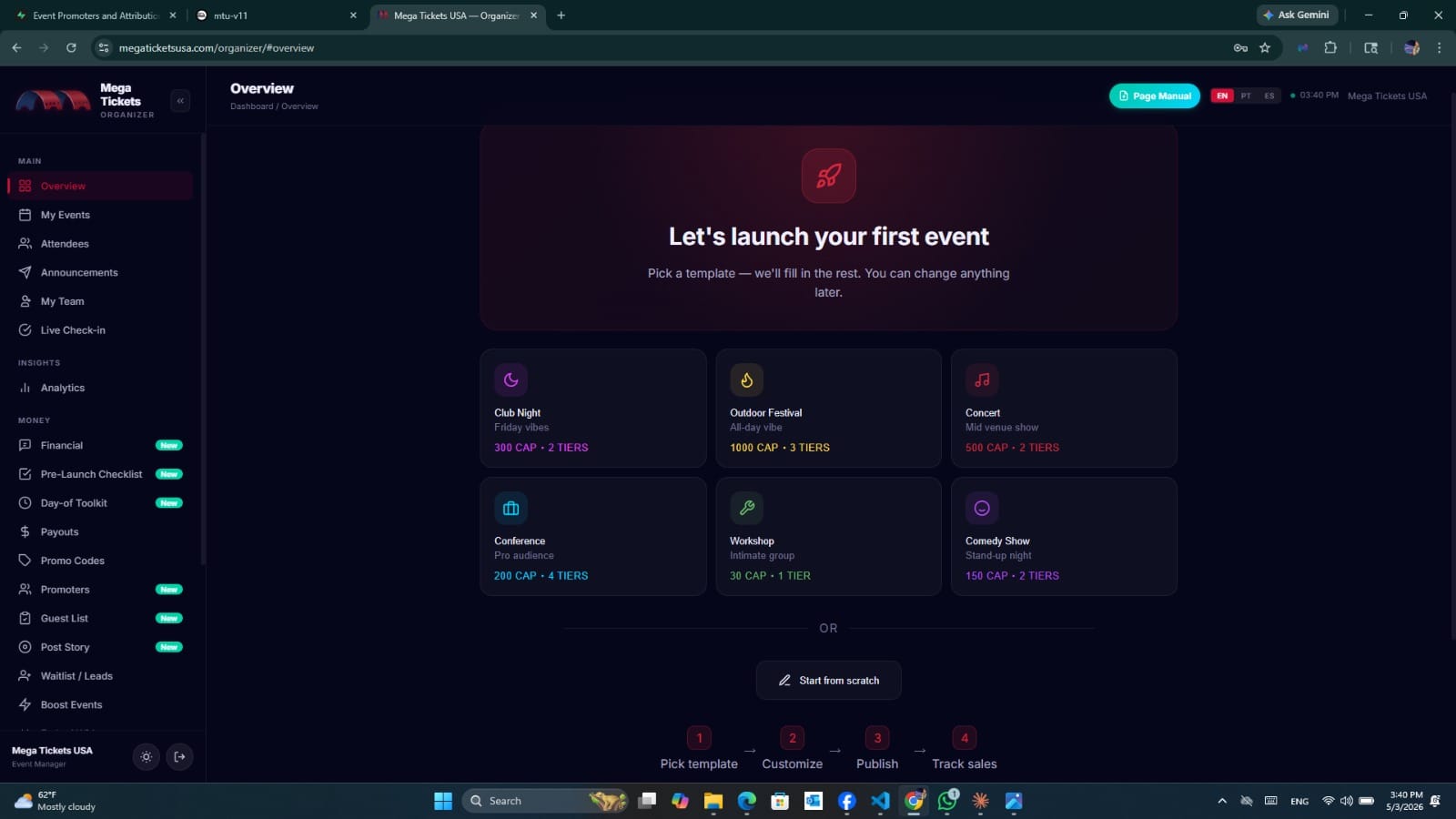 The organizer dashboard overview